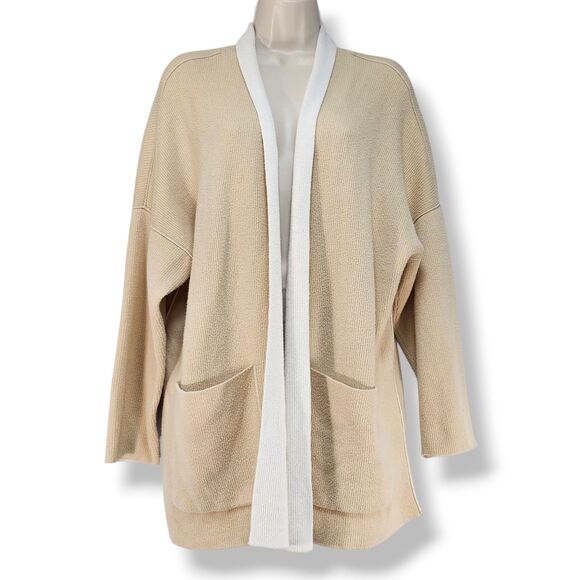 Eileen Fisher Organic Cotton TENCEL™ Knit Cardigan Beige L Open Front Pockets - Picture 1 of 8